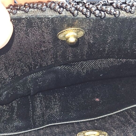 Vintage Black Beaded retro beaded black leaf zip closure evening clutch bag - Picture 3 of 4